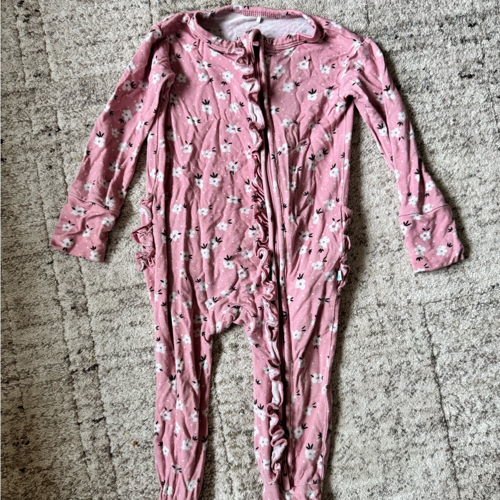 Posh Peanut Pink Floral Ruffle Zip Kids One-Piece pajama - ruffle butt